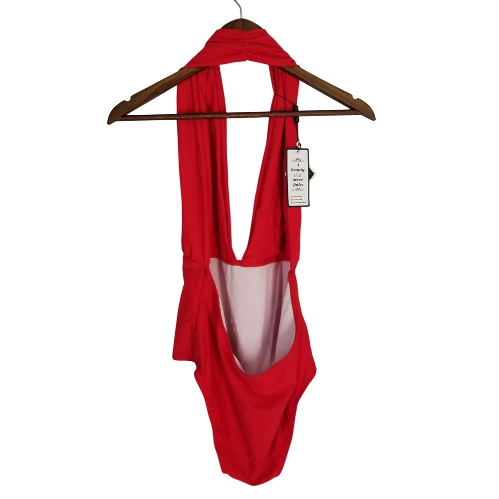 Retro Stage Red Halter One Piece Swimsuit Deep V Neck Pin Up XL NEW - Picture 3 of 10